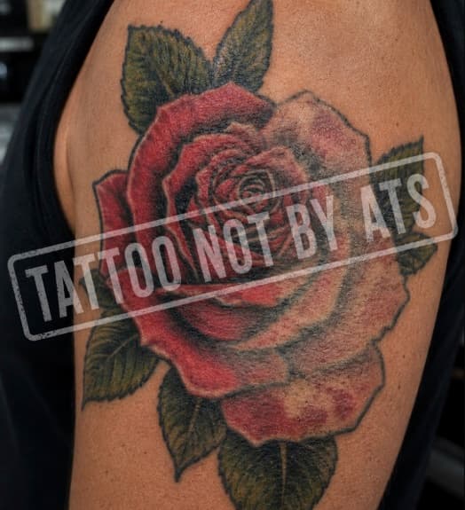 A faded rose tattoo that lost color while healing — a candidate for a touch-up (not an American Tattoo Society tattoo)