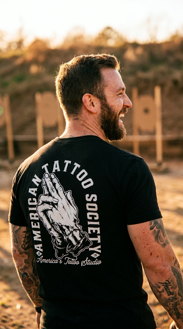 ATS Bang Bang Praying Hands - American Tattoo Society Sleeve T-Shirt - Image 11
