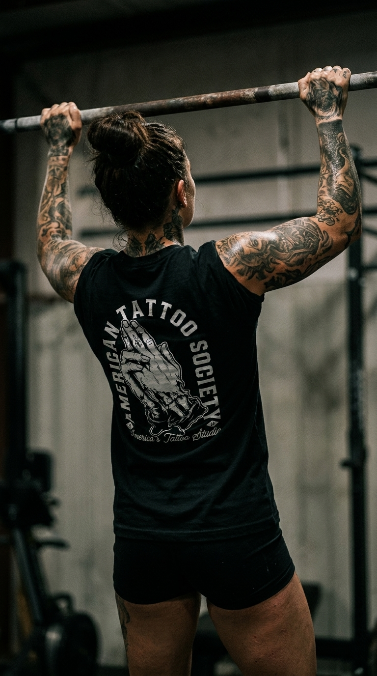 ATS Bang Bang Praying Hands - American Tattoo Society Sleeve T-Shirt - Image 7