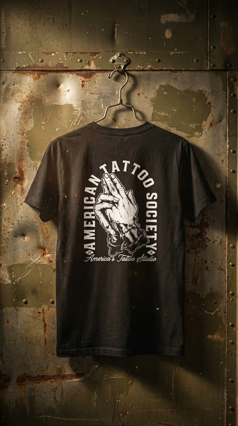 ATS Bang Bang Praying Hands - American Tattoo Society Sleeve T-Shirt - Image 6